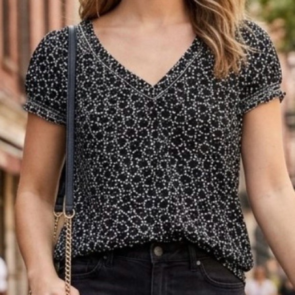 Max Edition Black Printed V-Neck Short Sleeve Peasant Blouse